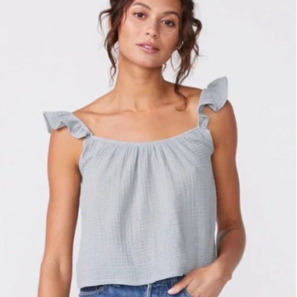 Monrow Gauze Ruffle Tank Top Womens Large Gray Pullover 100% Cotton Blouse - Picture 1 of 9